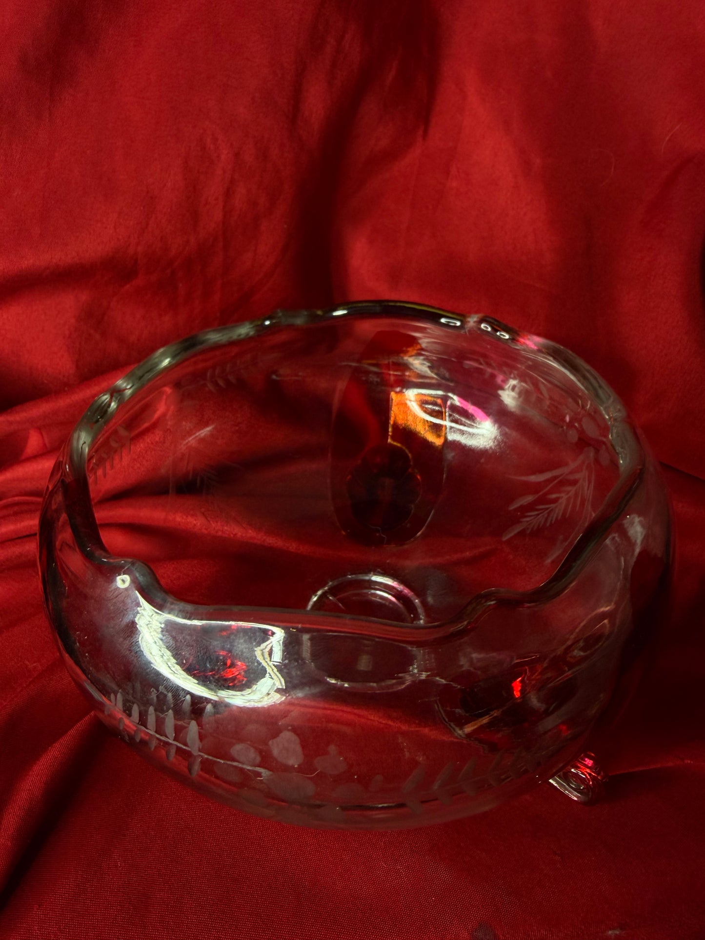 Etched Flashed Cranberry Glass Cauldron