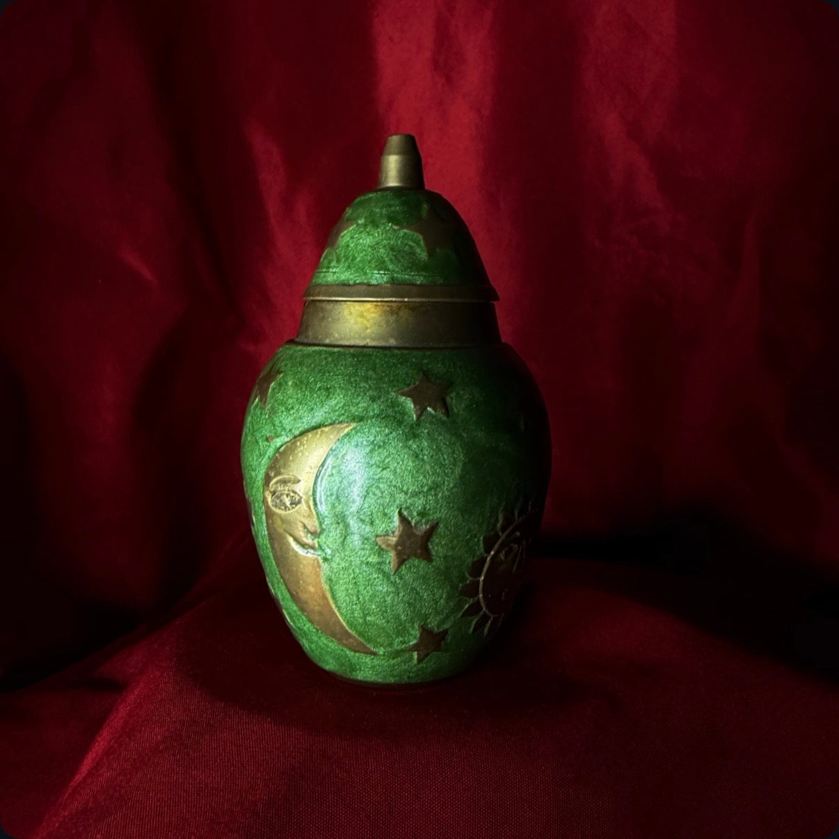 Vintage Brass Cloisonne Enamel Moon & Stars Urn