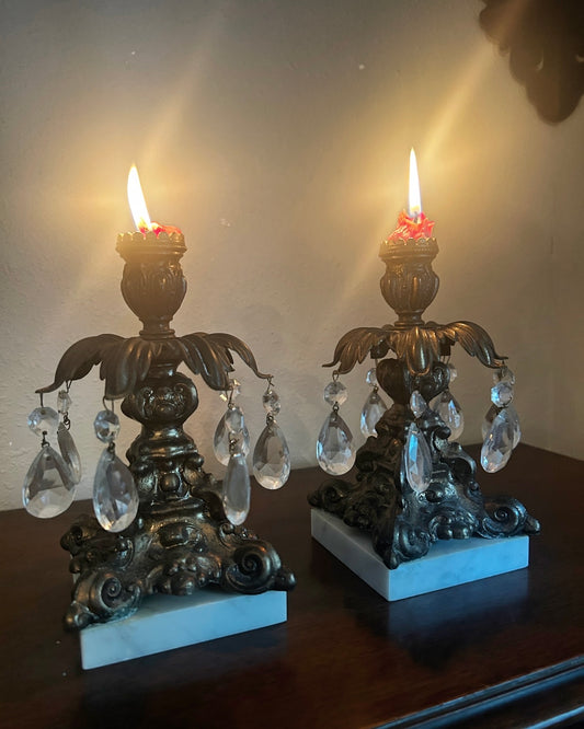 Pair of Candleholders with Crystal Prisms on Marble Base