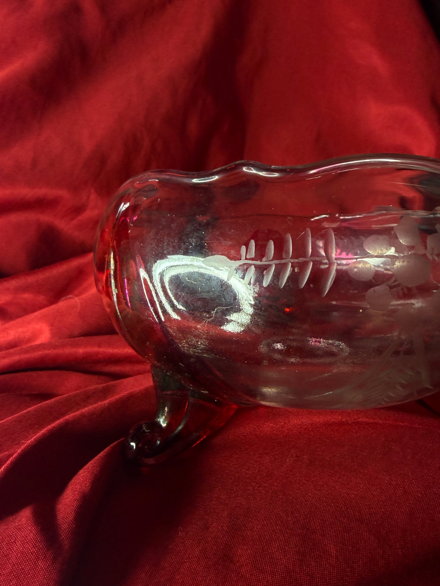 Etched Flashed Cranberry Glass Cauldron