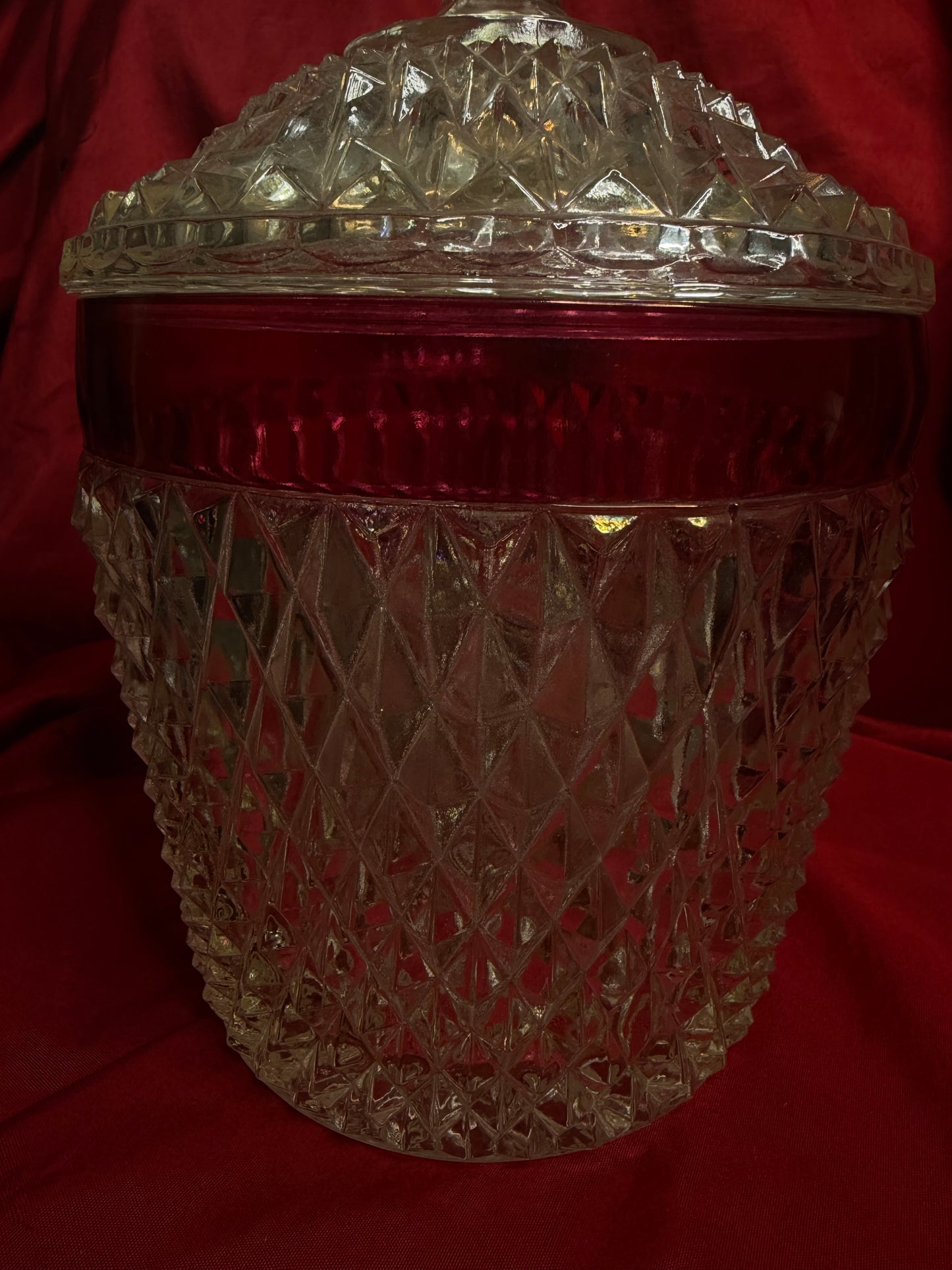 Indiana Glass Diamond Point Cranberry Flash Jar with Lid