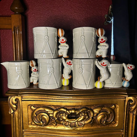 Set of 4 Clown Mugs, Sugar & Creamer