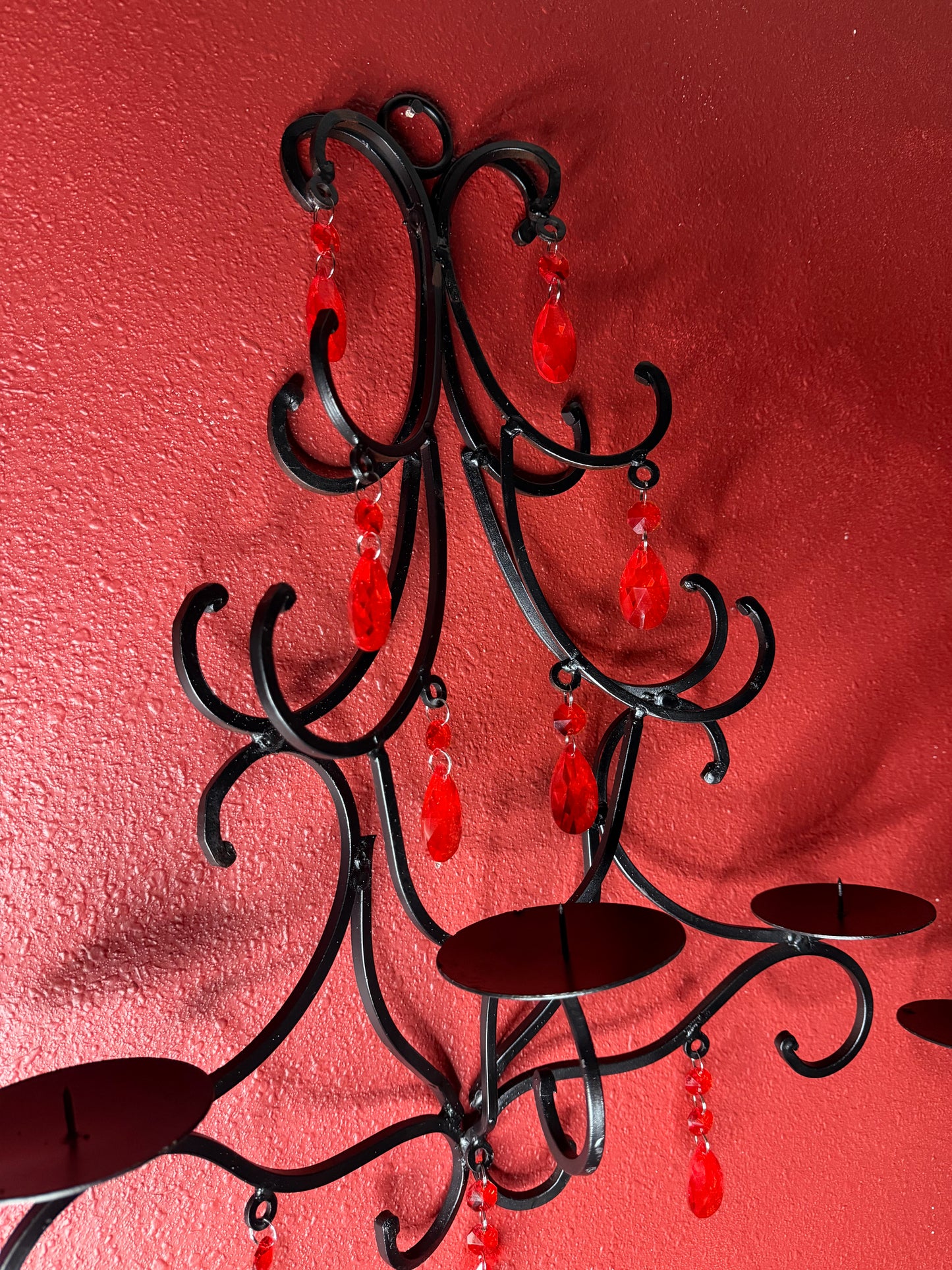 Pair of Gothic Wrought Iron Wall Candelabras with Blood Red Crystals