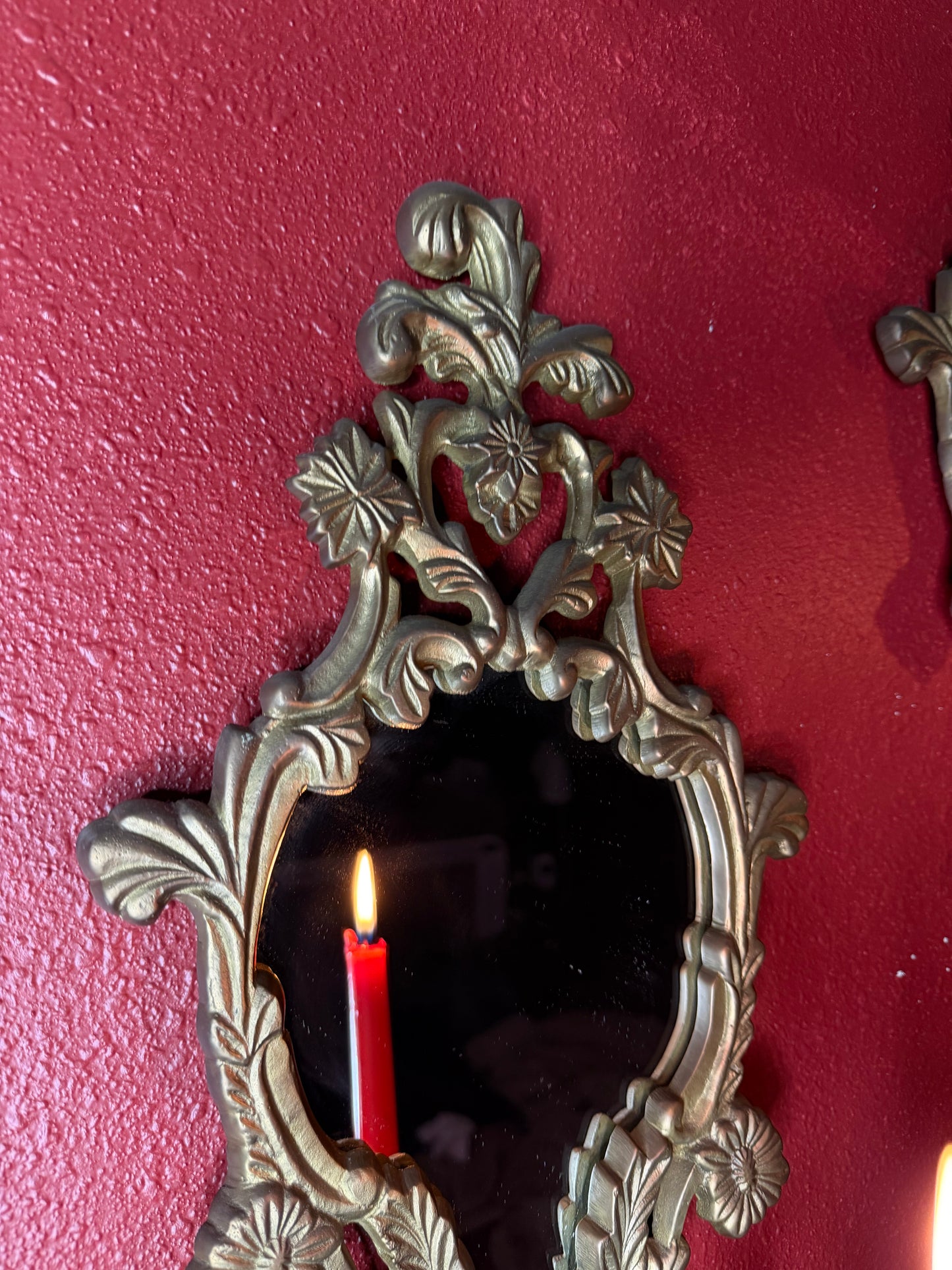 Pair of Ornate Brass Mirrored Candleholders