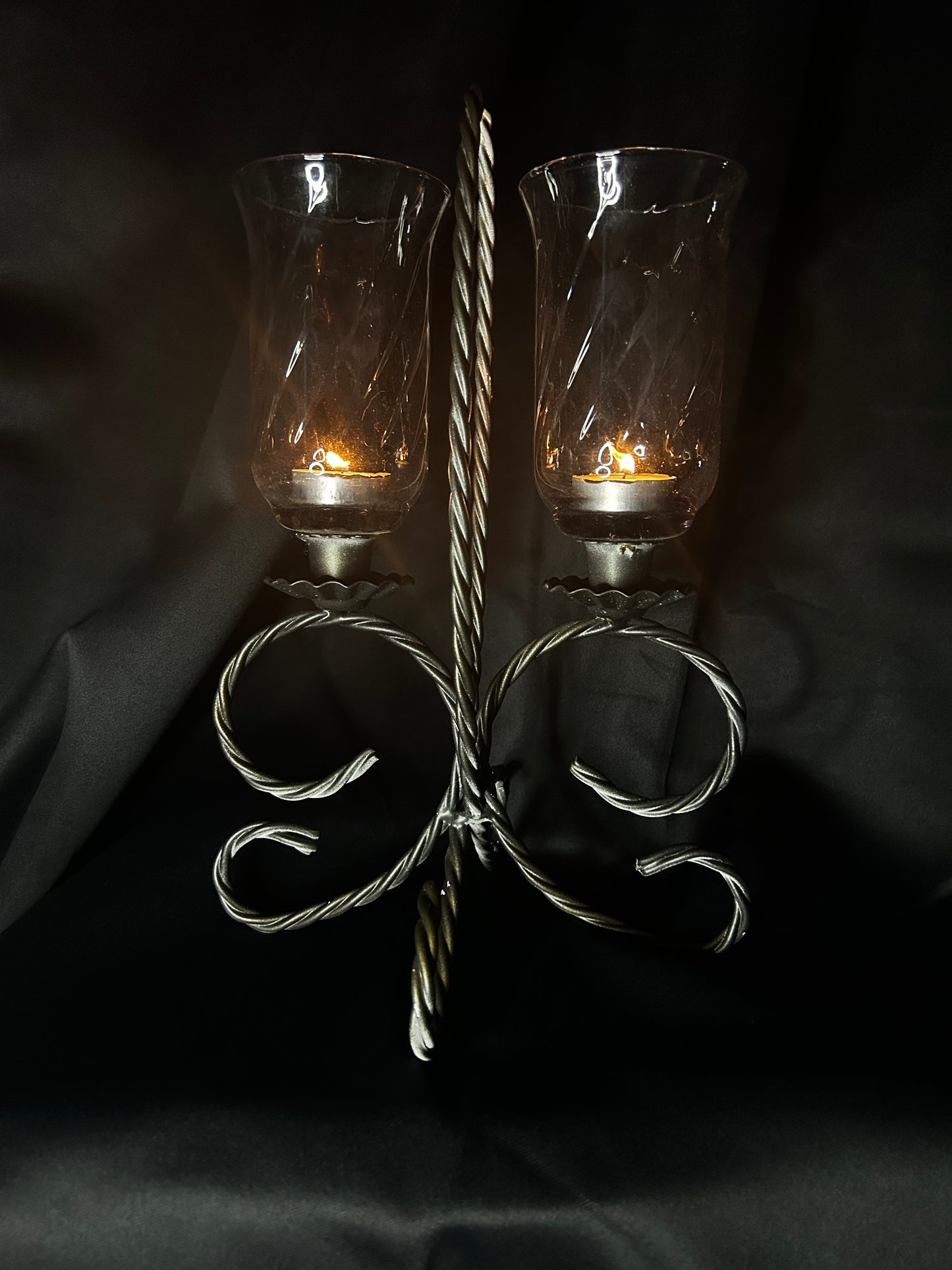 Wrought Iron Double Candelabra with Votive Purple Glass