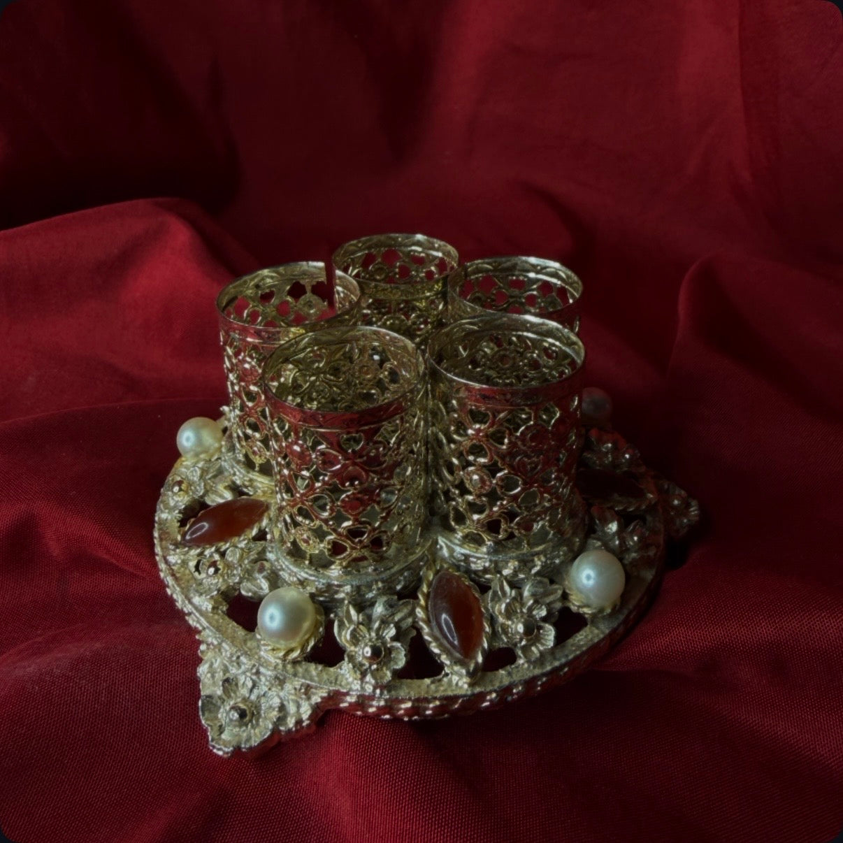 Vintage Rhinestone and Pearl Adorned Metal Lipstick Holder