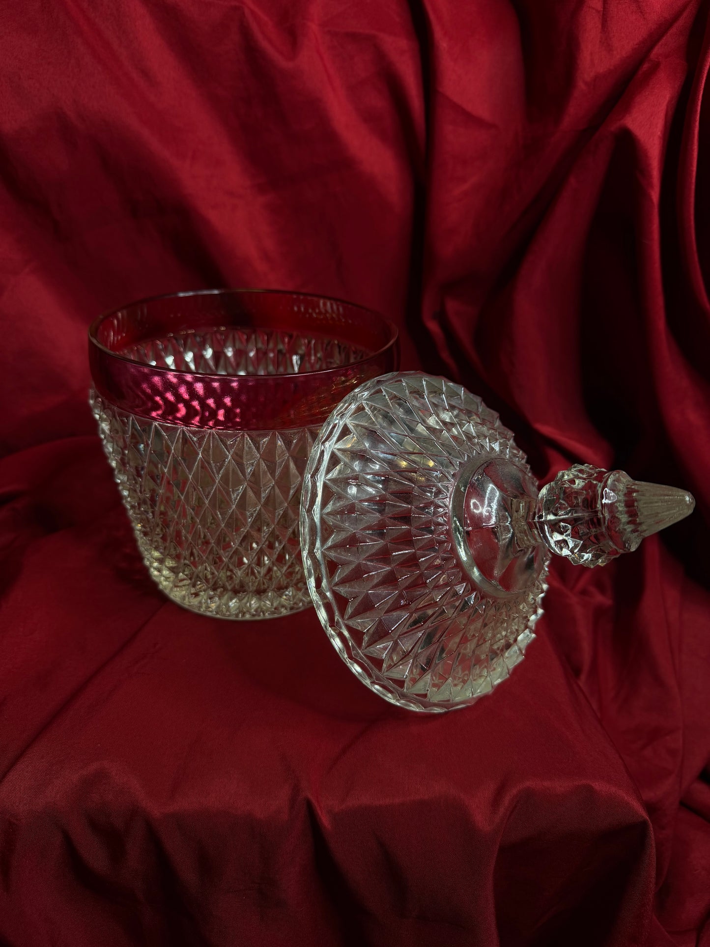 Indiana Glass Diamond Point Cranberry Flash Jar with Lid