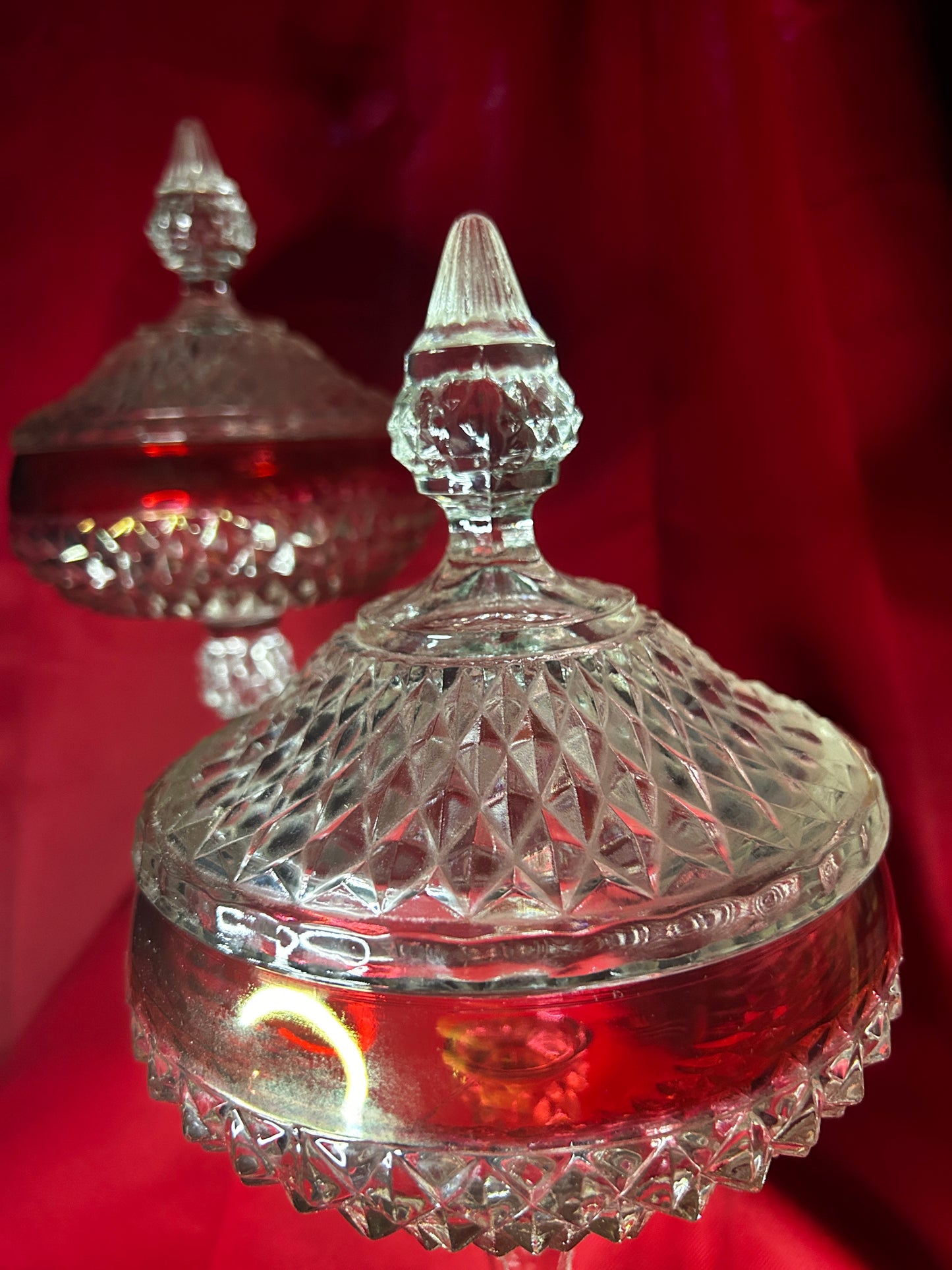 Pair of Indiana Glass Cranberry Flash Diamond Point Pedestal Compote Candy Dish W/Lid