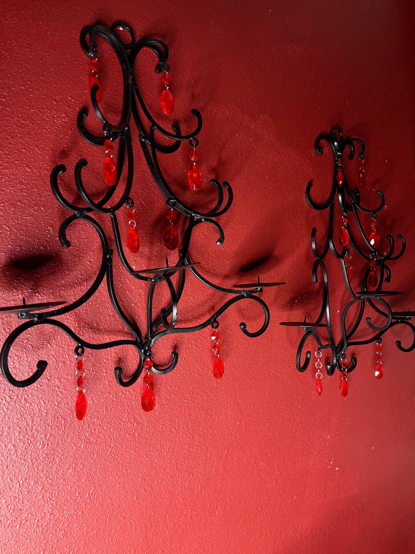 Pair of Gothic Wrought Iron Wall Candelabras with Blood Red Crystals