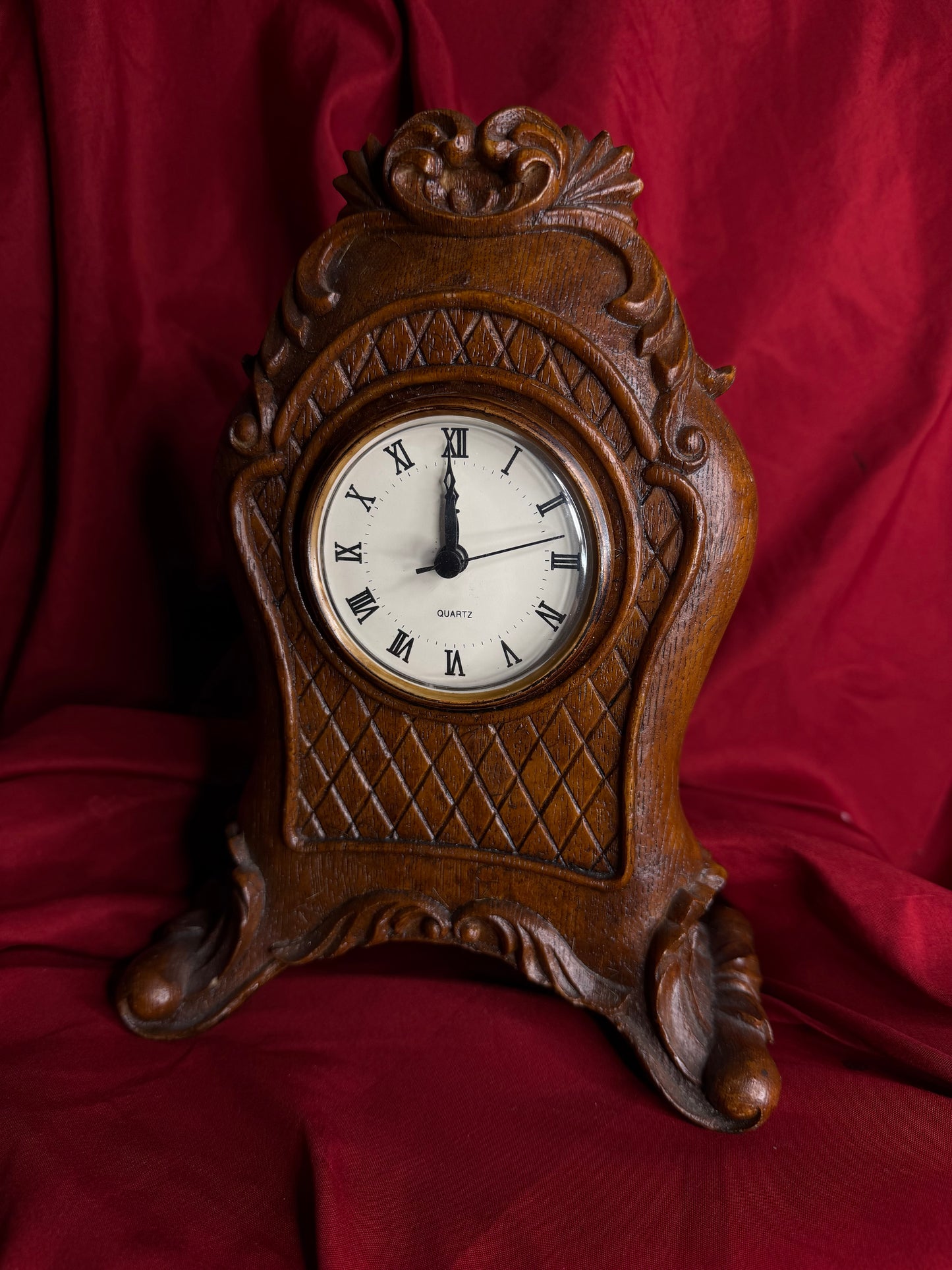 Vintage CBK Ltd Ornate Engraved Wood Quartz Clock