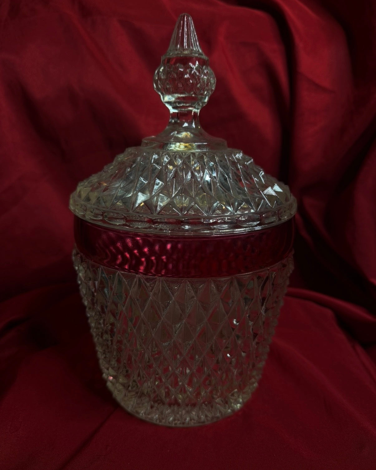 Indiana Glass Diamond Point Cranberry Flash Jar with Lid