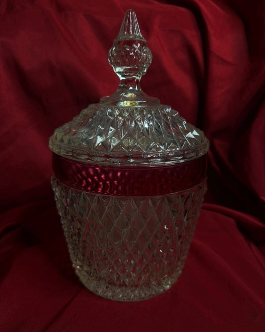 Indiana Glass Diamond Point Cranberry Flash Jar with Lid
