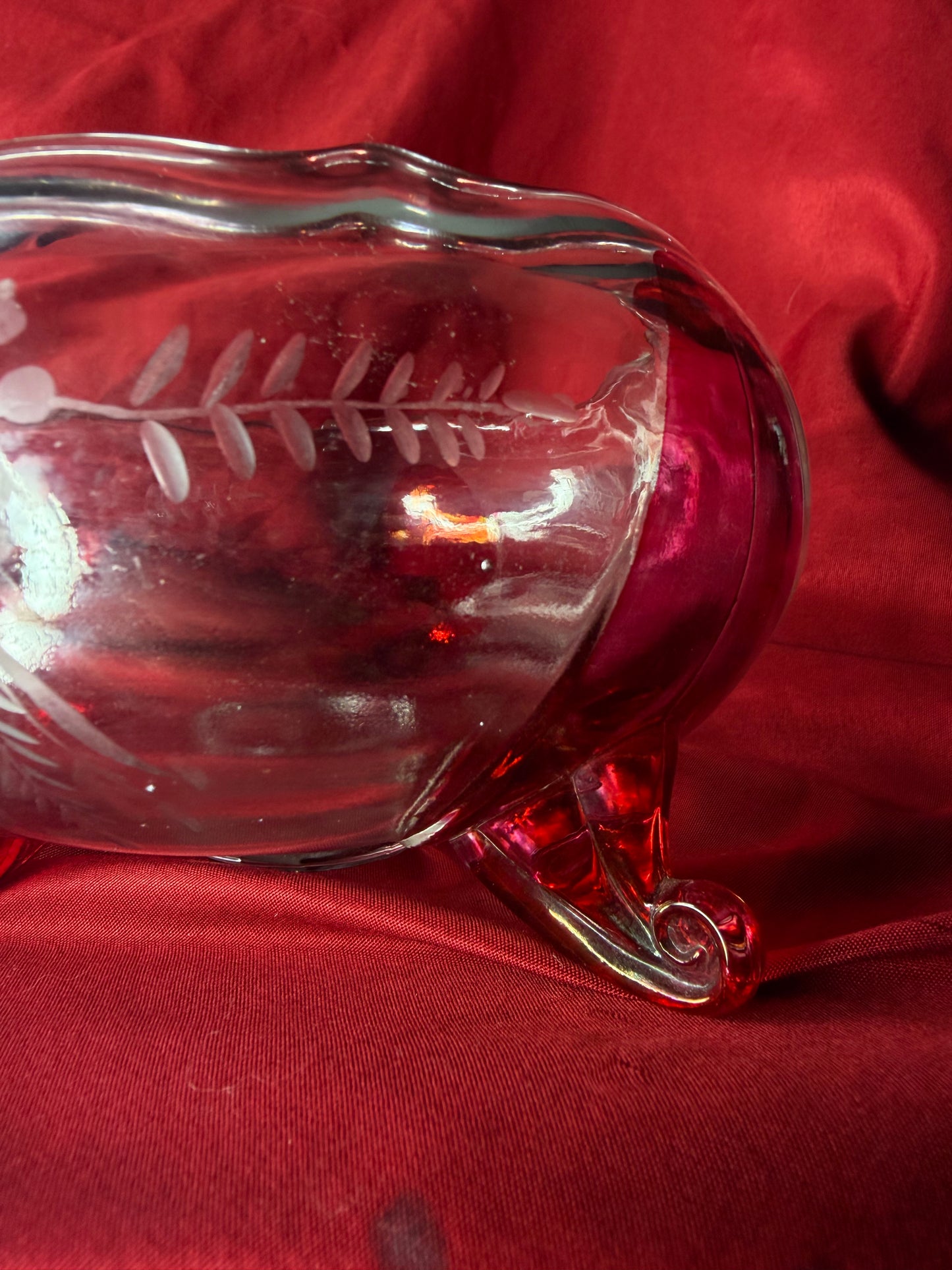 Etched Flashed Cranberry Glass Cauldron