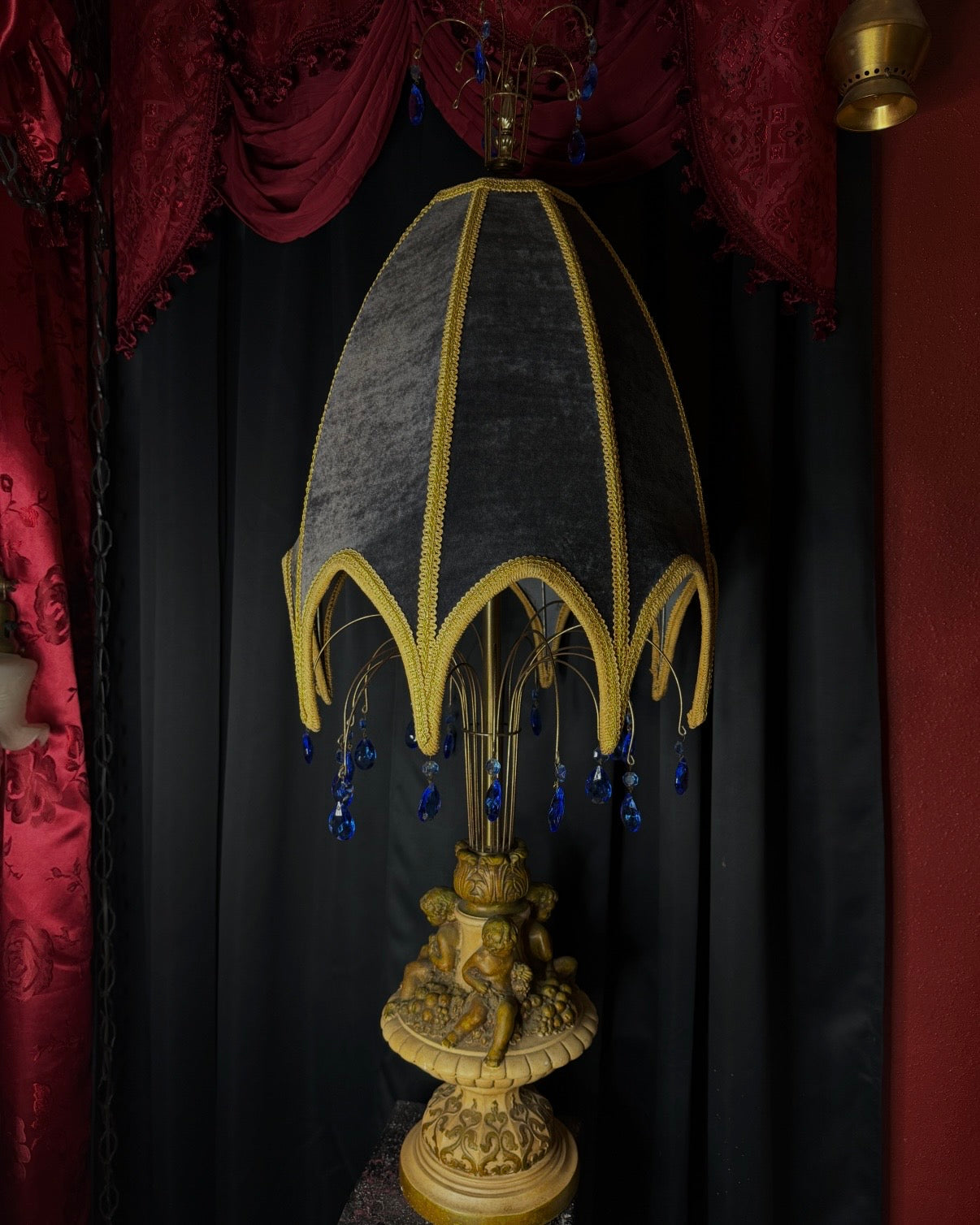 Hollywood Regency Cherub Lamp with Original Scalloped Shade