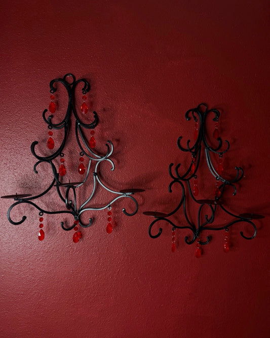 Pair of Gothic Wrought Iron Wall Candelabras with Blood Red Crystals