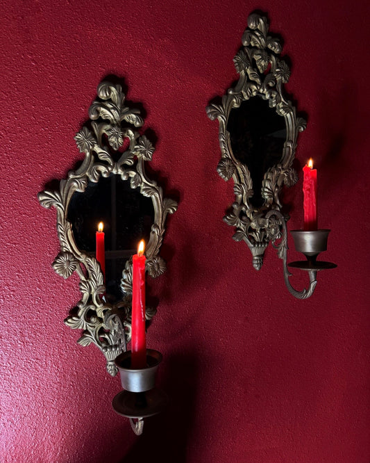 Pair of Ornate Brass Mirrored Candleholders