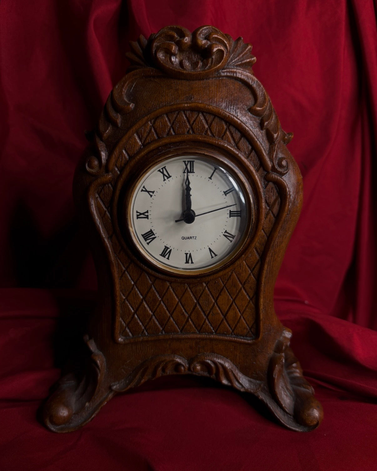 Vintage CBK Ltd Ornate Engraved Wood Quartz Clock