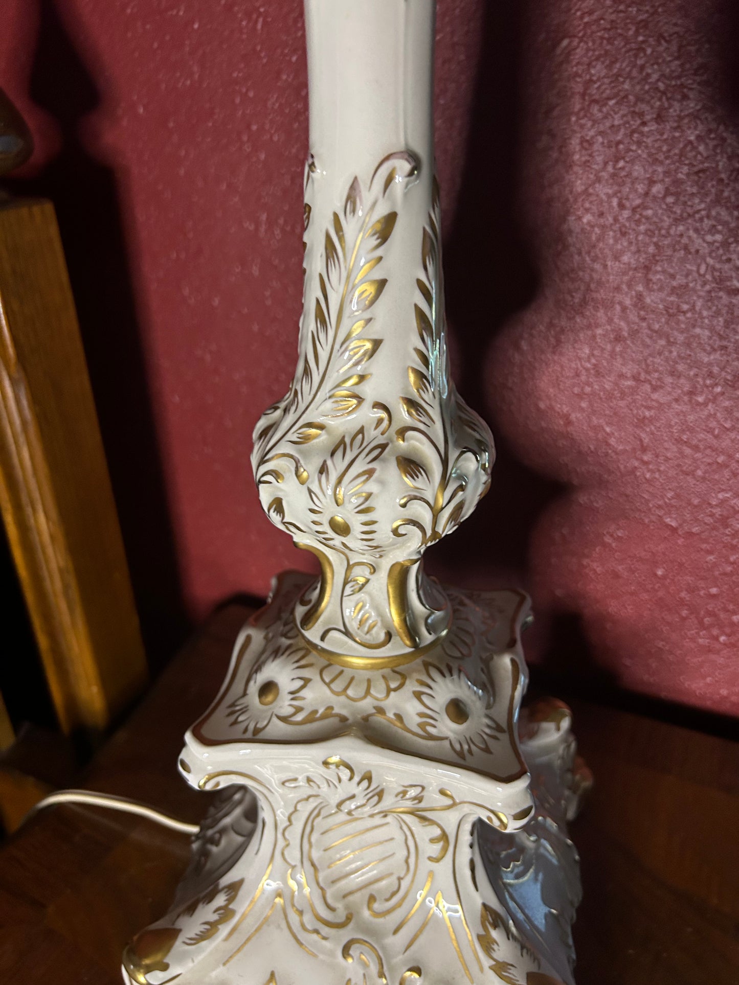 Tall Ornate White & Gold Lamp with Cross Lightbulb