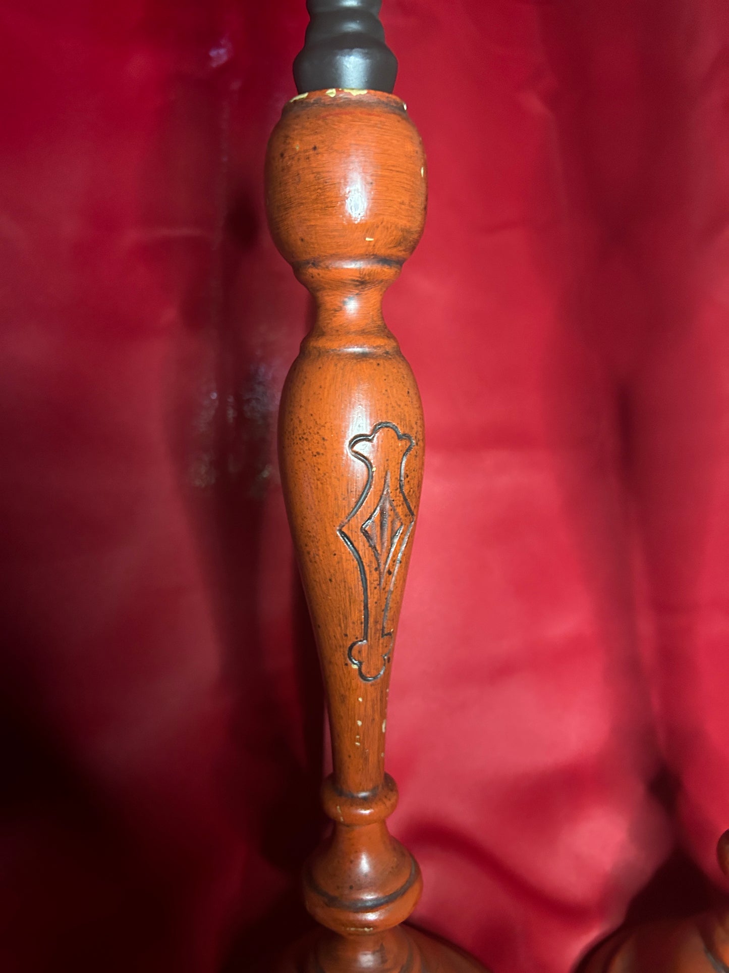 Wooden Red Pair of Candleholders