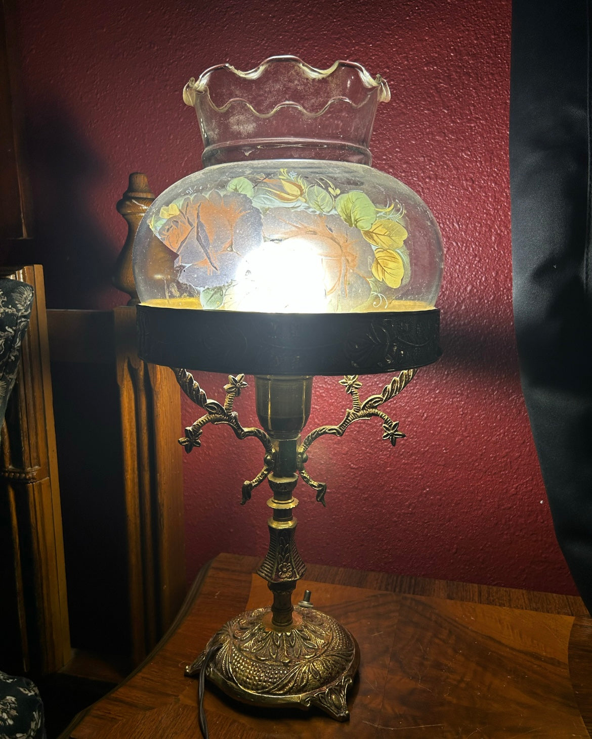 Ornate Brass Lamp with Rose Detailed Shade