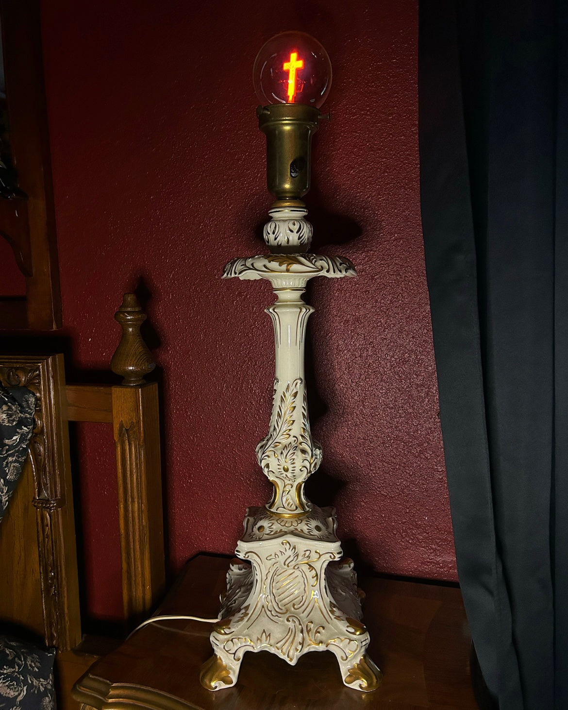 Tall Ornate White & Gold Lamp with Cross Lightbulb