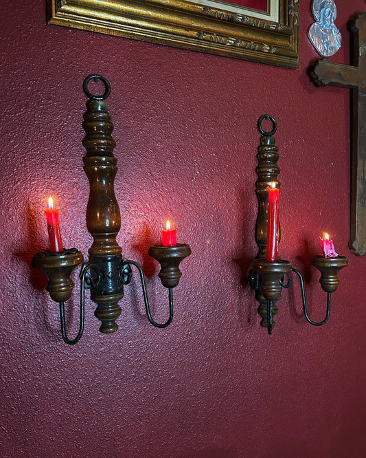 Pair of Double Armed Wooden Candleholders
