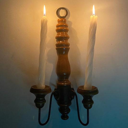 Vintage Tall Wood & Metal Wall Candleholder Sconce