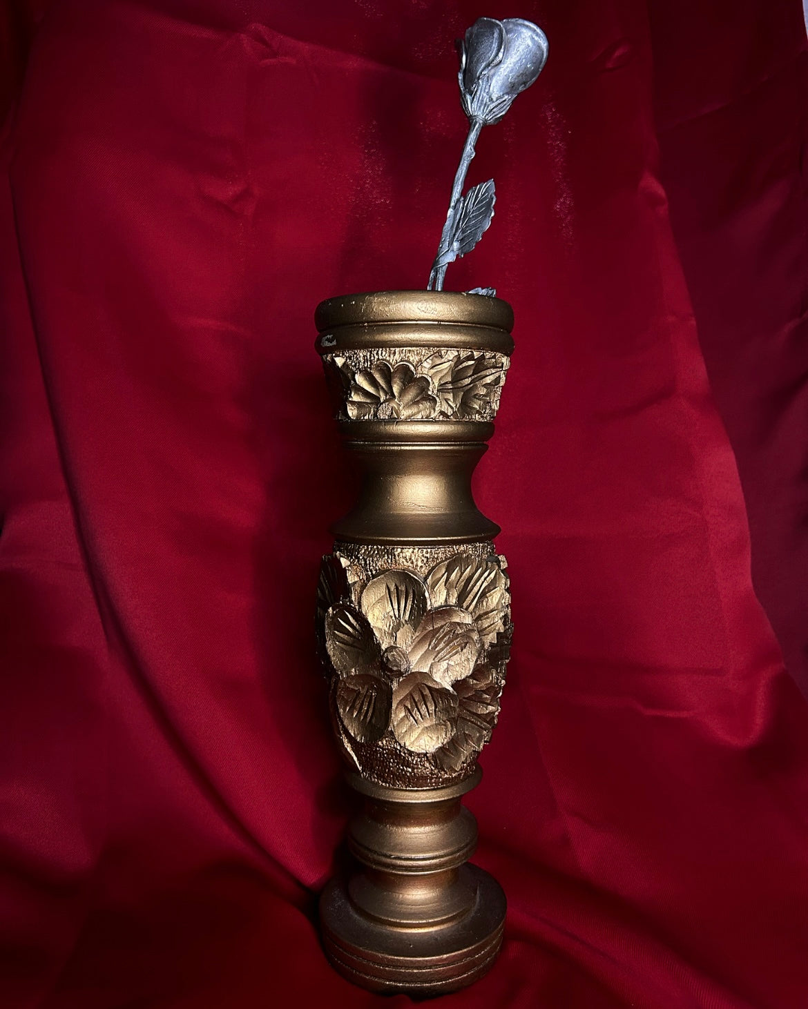 Gold Toned Wooden Vase with Flower Details