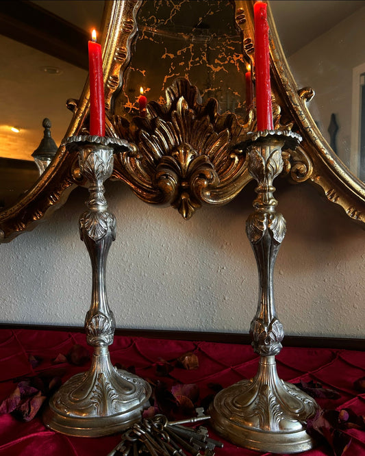 Pair of Tall Silver Toned Candlestick Holders